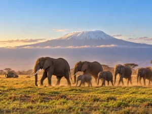 Elephants crossing Amboseli with Mount Kilimanjaro behind on a Christmas safari