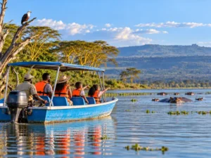 Family boat ride among hippos on Lake Naivasha over the Christmas holiday