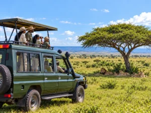 Family watching lions from a safari Land Cruiser on a Masai Mara Christmas safari