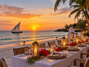 Christmas Eve beach dinner at a Mombasa resort at sunset with a dhow offshore