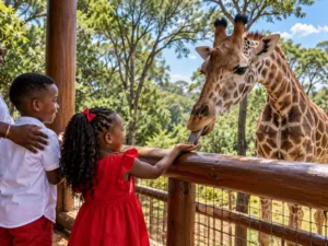 Children feeding a giraffe at a Nairobi attraction during the Christmas holidays